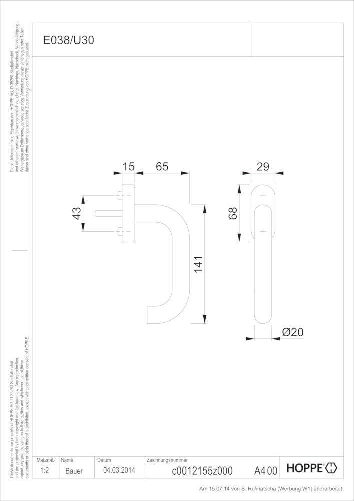 Hoppe DK-Fenstergriff, Paris E038/U30, mit ovaler Rosette, VK7x32, F69