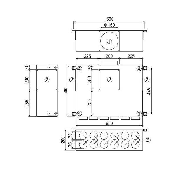 Technische Bemaßungszeichnung einer rechteckigen mechanischen Komponente mit beschrifteten Teilen, die Vorder-, Seiten- und Bodenansicht mit Abmessungen und einer 160 mm großen Kreisöffnung zeigt.