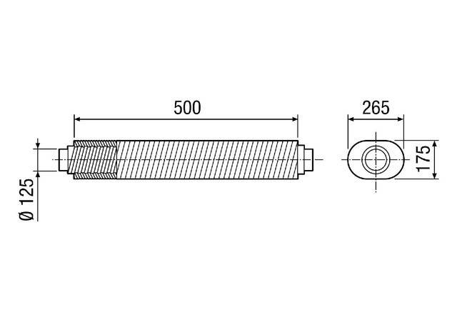 Technische Zeichnung eines zylindrischen Stabes mit 500 mm Länge und 25 mm Durchmesser, mit Gewindeanschluss am linken Ende, Seitenansicht und Endansicht.