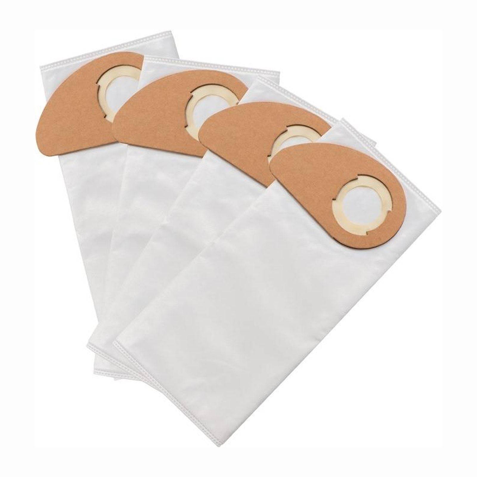 Vier weiße Staubsaugerbeutel mit kreisförmigen Kartonbefestigungen, überlappend in Fächerform angeordnet.
