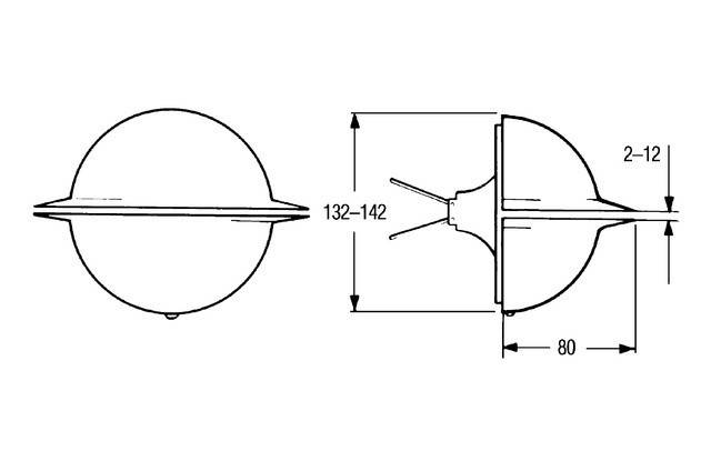 Technische Zeichnung einer runden Kuppelleuchte, dargestellt in Front- und Seitenansicht mit Abmessungen 132–142, 80 und 2–12.