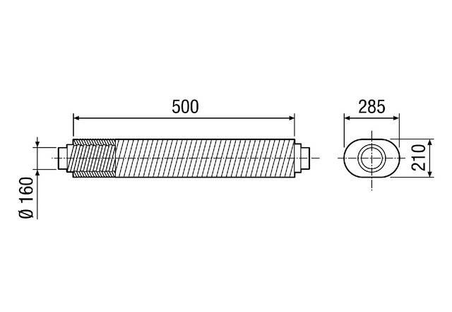 Technische Zeichnung eines zylindrischen Stabes. Frontansicht zeigt die Länge von 500 Einheiten. Seitenansicht stellt einen Kreis mit einem Durchmesser von 285 Einheiten dar.