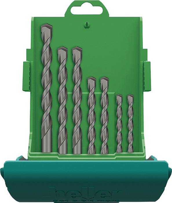 Eine grüne Schachtel mit sieben Bohrern, die nach aufsteigender Größe sortiert sind.
