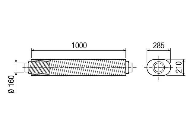Technische Zeichnung einer Gewindestange mit Endansicht. Länge: 1000 mm; Durchmesser: 285 mm. Detailliert mit Maßangaben und Maßstab.