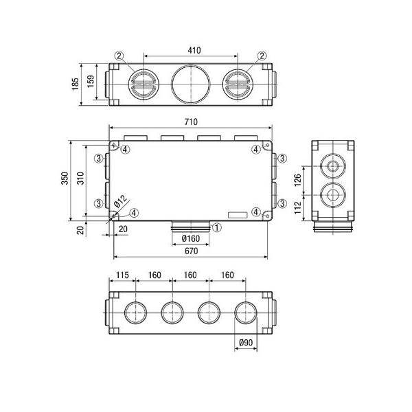 Technische Zeichnung eines rechteckigen mechanischen Teils oder Gehäuses mit vier kreisförmigen Anschlüssen, dargestellt in mehreren orthographischen Ansichten mit Abmessungen und Messwerten.