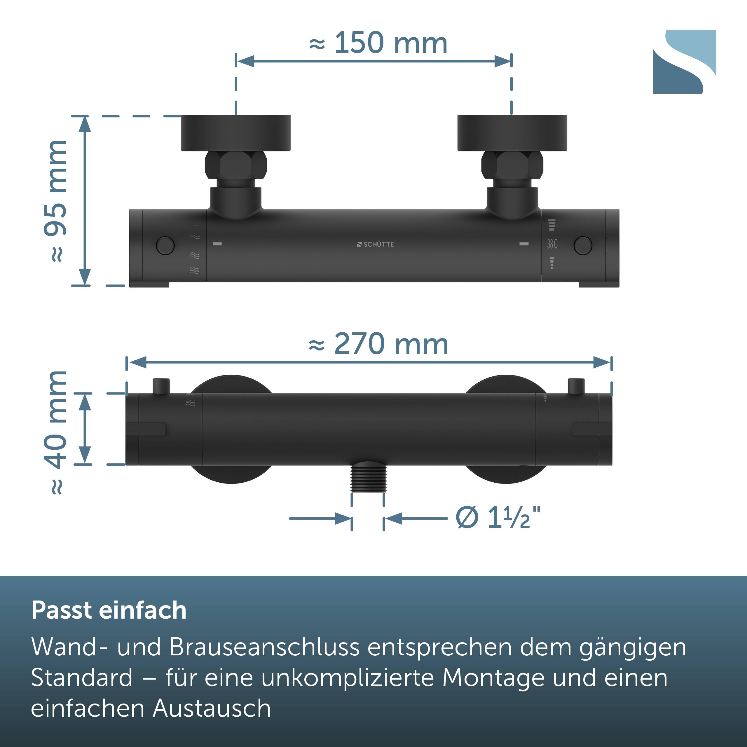 Technische Produktzeichnung eines schwarzen Zweiport-Rohrbauteils mit Abmessungen: etwa 150 mm breit, 95 mm hoch, 270 mm lang, 40 mm Durchmesser und 1½-Zoll-Anschluss.