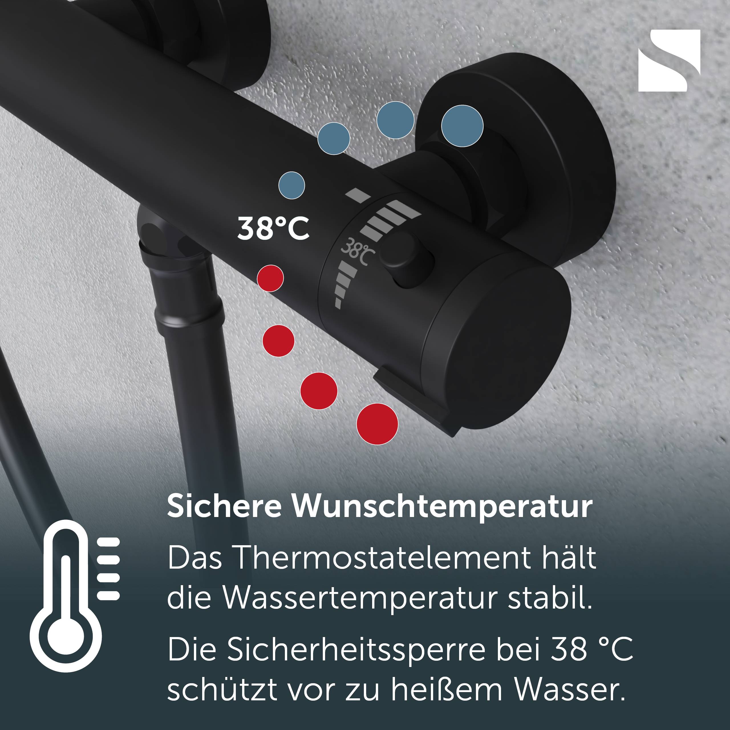 Thermostatisches Duschventil auf 38°C eingestellt mit deutschem Text, der angibt, dass es die Wassertemperatur stabil hält und eine Sicherheitssperre zu heißes Wasser verhindert.