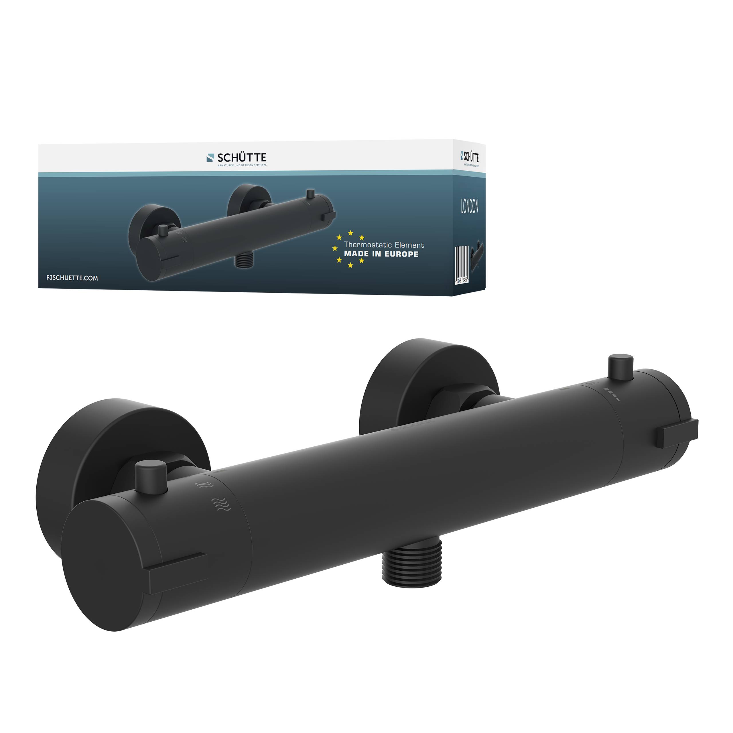 Thermischer Duschmischer, mattscharz, im Karton gezeigt. Hergestellt in Europa, wie auf der Schachtel angegeben.
