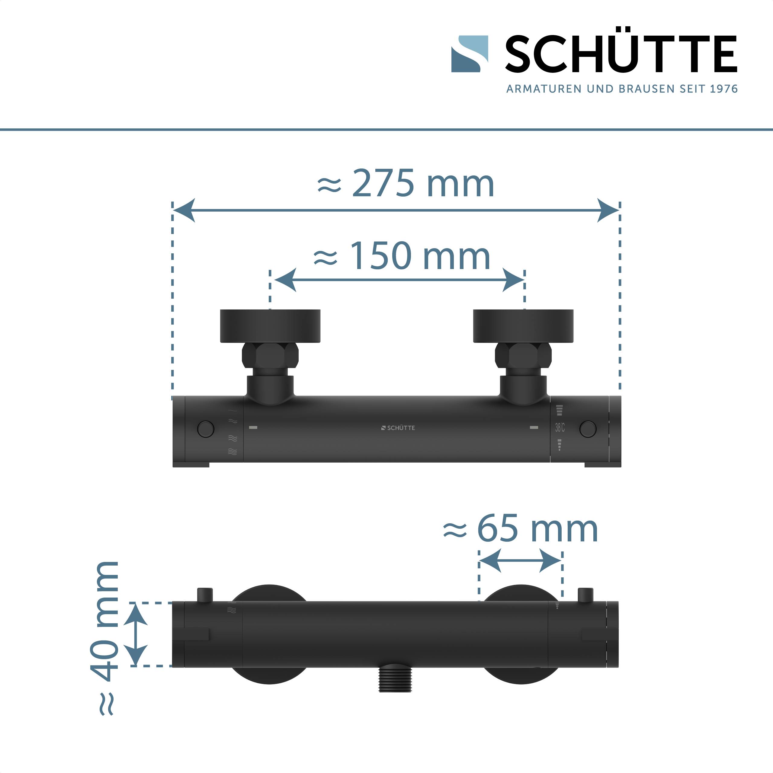 Schütte' Markenbadezimmermischer in Schwarz Abmessungen: 275 mm breit, 150 mm Abstand zwischen den Ventilen, 65 mm tief, 40 mm hoch.