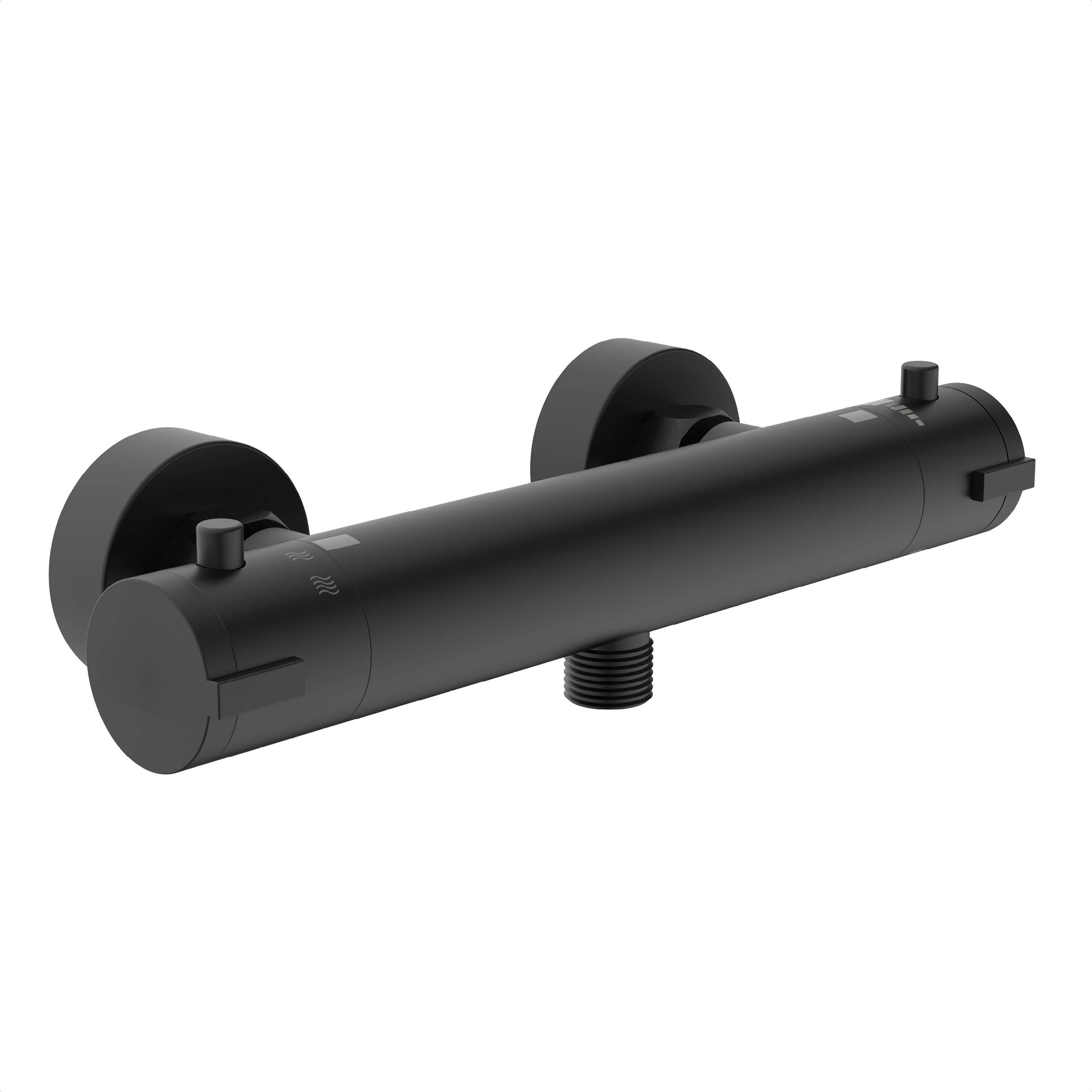 Ein eleganter schwarzer thermischer Duschenmischer mit zylindrischem Design und zwei Regelknöpfen zur Einstellung von Temperatur und Wasserdurchfluss.