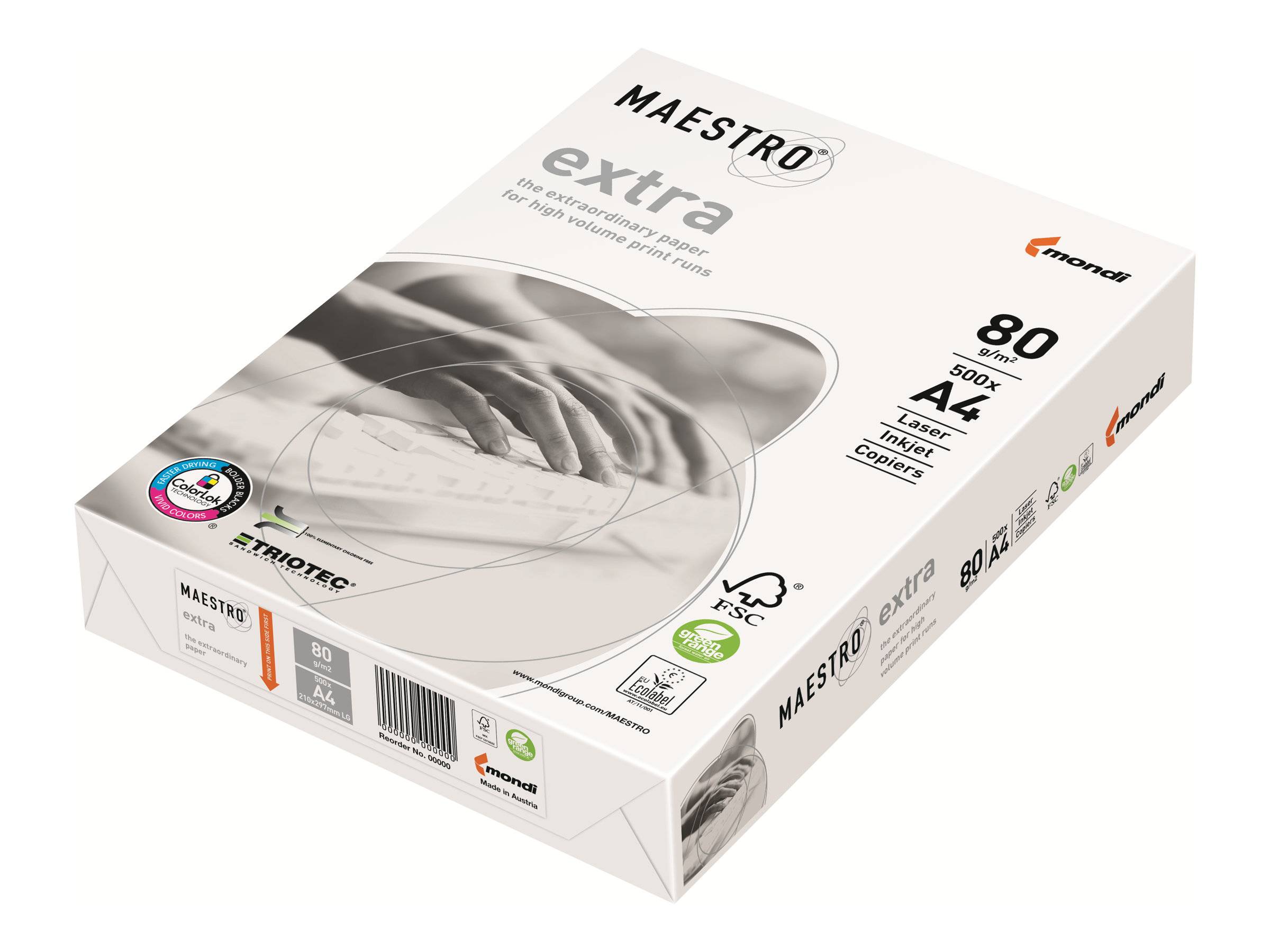 Karton Maestro Extra A4 Druckerpapier, 80 g/m², 500 Blatt, 14% recycelt, Laser- und Kopiererkompatibel, FSC-zertifiziert.