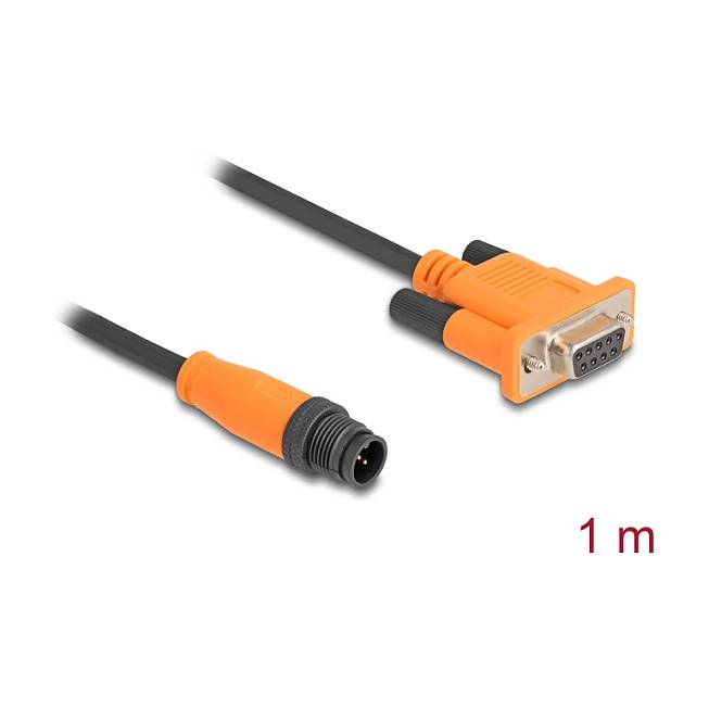Oranges Kabel mit einem 9-poligen D-Sub-Stecker auf einer Seite und einem runden schwarzen Stecker auf der anderen Seite, beschriftet mit 1 m.