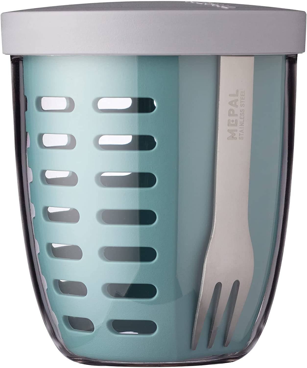 Mepal Fruitpot Ellipse Nordic Green – 600 ml Inhalt – ideal für Früchte, Obst und Gemüse unterwegs-mit Abtropfsieb und Gabel – spülmaschinen