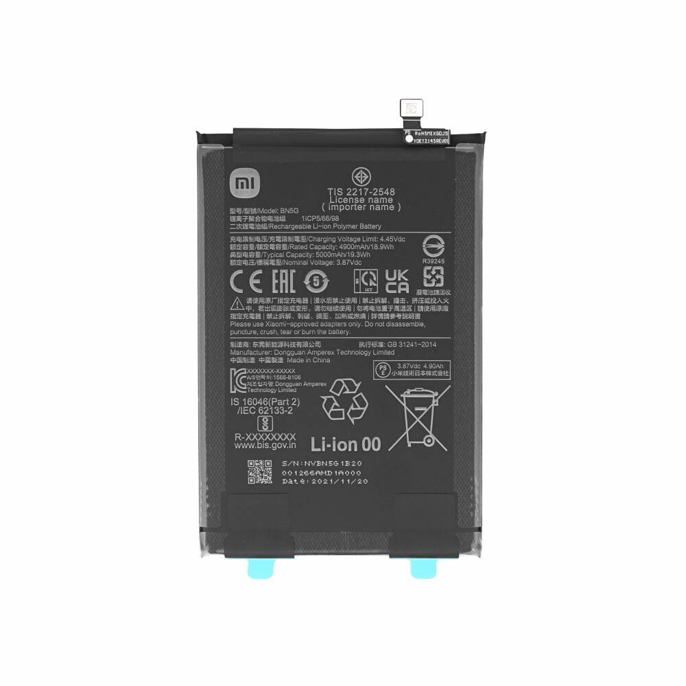 Schwarze Lithium-Ionen-Batterie mit Regulierungssymbolen und Text. Modell BN44, bewertet mit 3,85V, 11,08Wh, 2900mAh. Hersteller: Xiaomi.