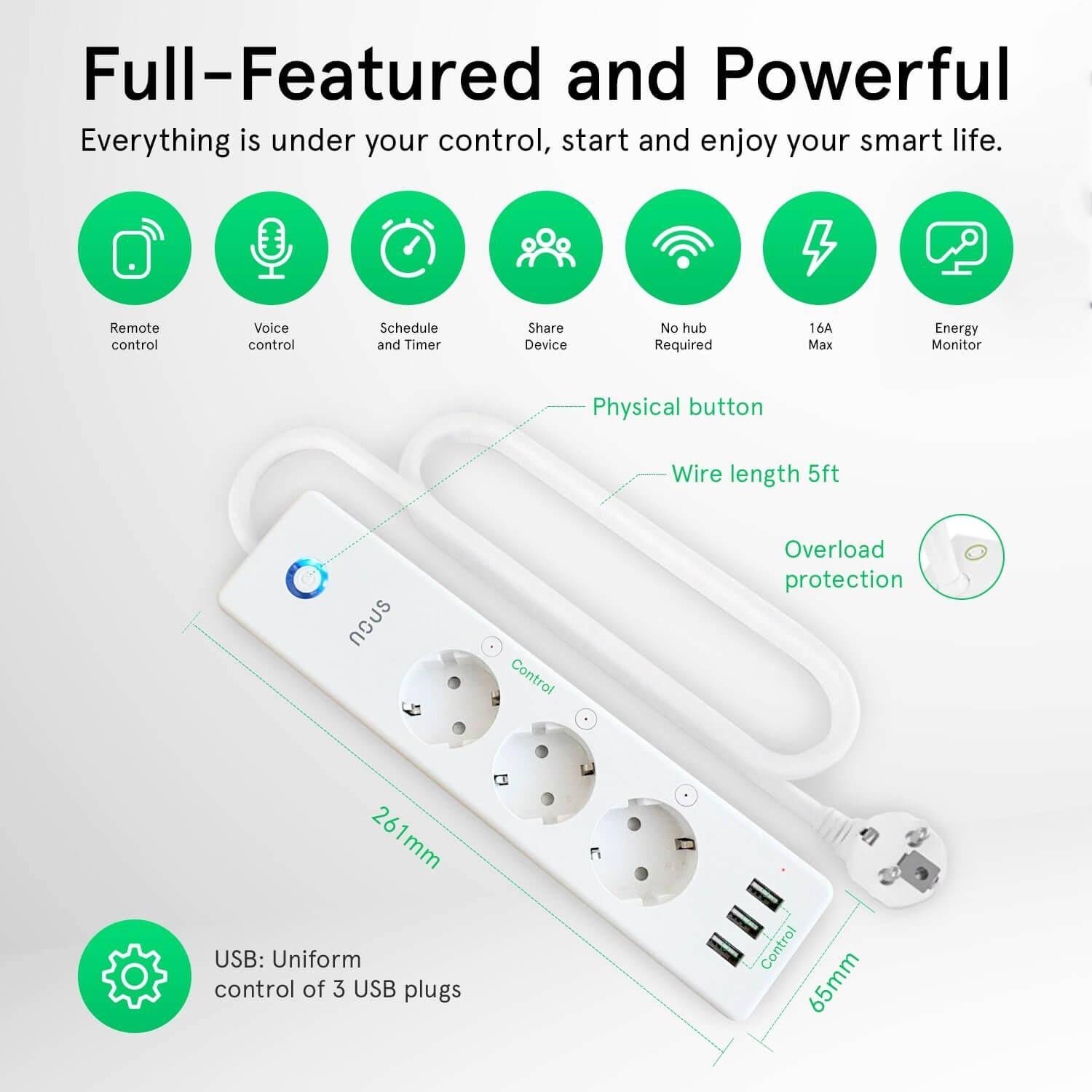 Nous A5 Smart Power Strip, 3-fach Steckdosenleiste mit 3x USB, WLAN