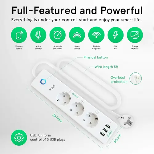 Nous A5 Smart Power Strip, 3-fach Steckdosenleiste mit 3x USB, WLAN Nous A5 Smart Power Strip, 3-fach Steckdosenleiste mit 3x USB, WLAN