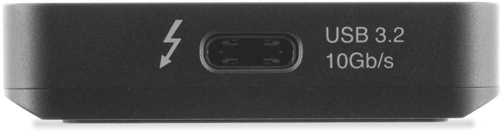 Nahaufnahme eines Geräteports mit der Bezeichnung USB 3.2 10Gb/s neben einem USB-C-Stecker-Symbol und einem Blitzsymbol.