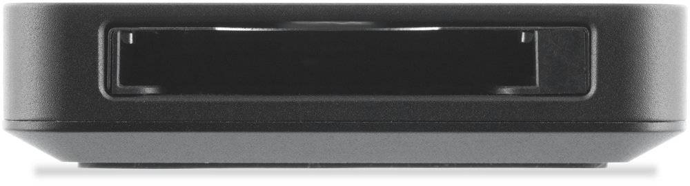 Vorderansicht eines schwarzen elektronischen Geräts mit einem breiten rechteckigen Schlitz, vermutlich ein Papier- oder Kartenleser/-scanner.