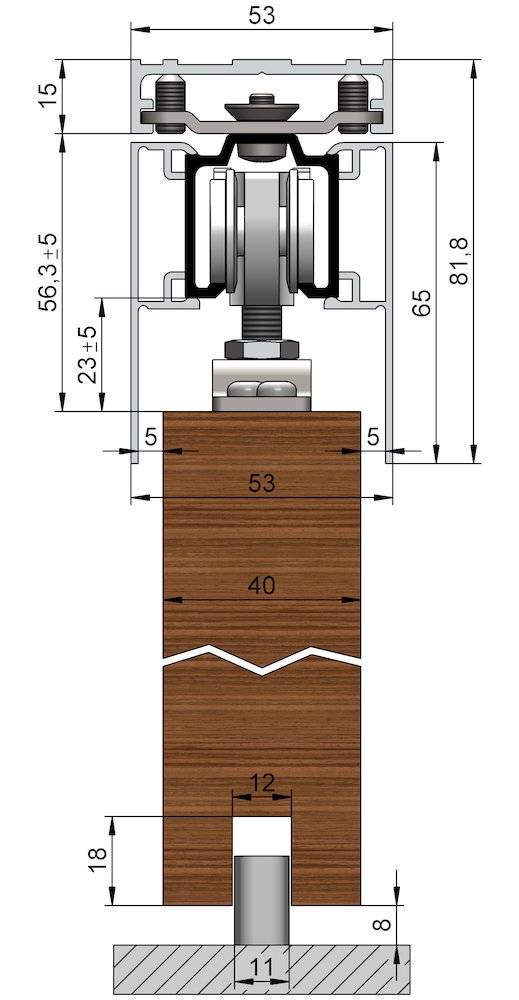 Querschnittsdiagramm eines Türrahmens mit genauen Maßangaben in Millimetern: Höhe (81,8), Breite (53) und obere/untere Komponenten (5).