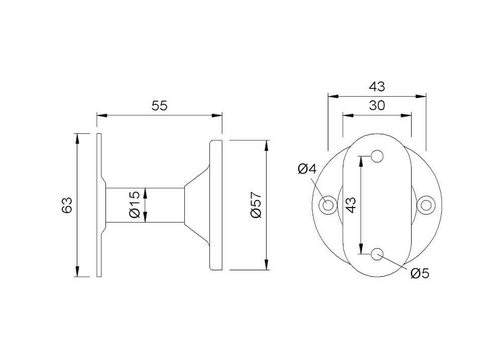 Technische Zeichnung einer Halterung mit Abmessungen: Basis 43mm, Höhe 55mm, oberer Durchmesser 57mm, obere Plattendurchmesser 30mm, Lochdurchmesser 4mm, Lochrastand 43mm.