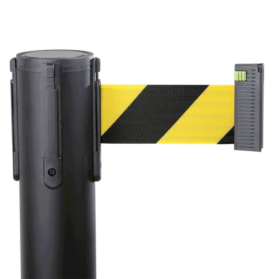Gurtpfosten, schwarz, Stahl, Gurt gelb/schwarz schraffiert, 50mm, 4m, 11kg