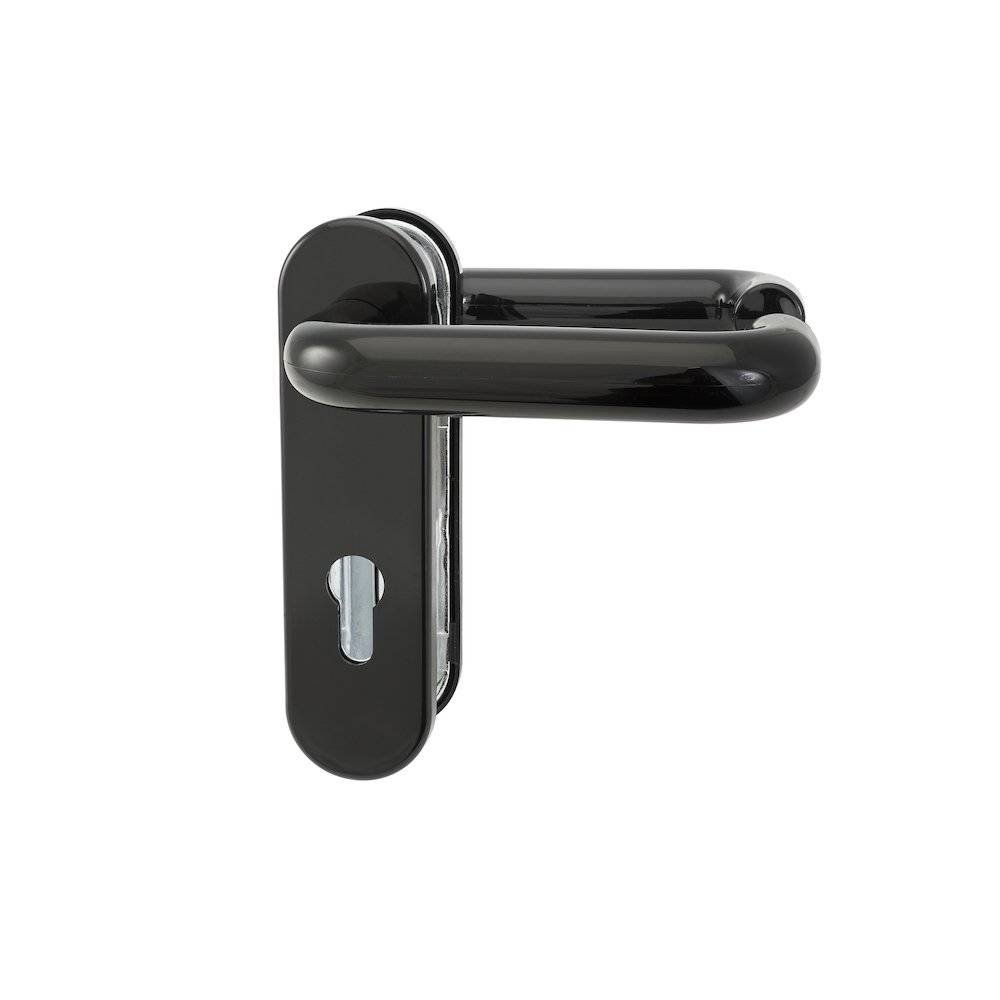 Schwarzer Türklinken-Set mit Schlüsselloch, von der Seite betrachtet, zeigt ein schlankes, modernes Design, das sich für Innentüren eignet.