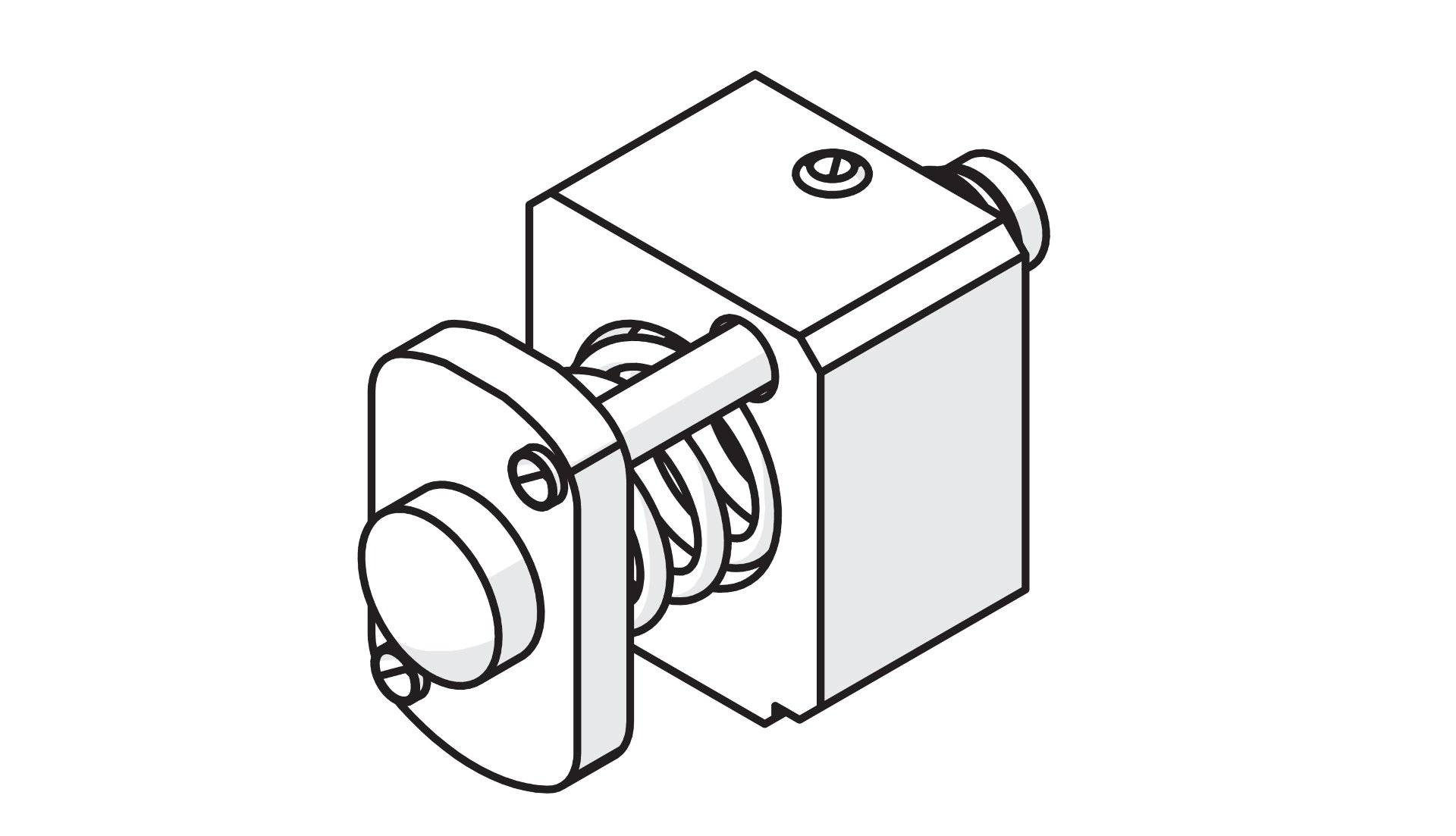 Technische Illustration einer mechanischen Baugruppe, die einen federbelasteten Mechanismus in einem rechteckigen Gehäuse mit einem vorstehenden Knopf zeigt.