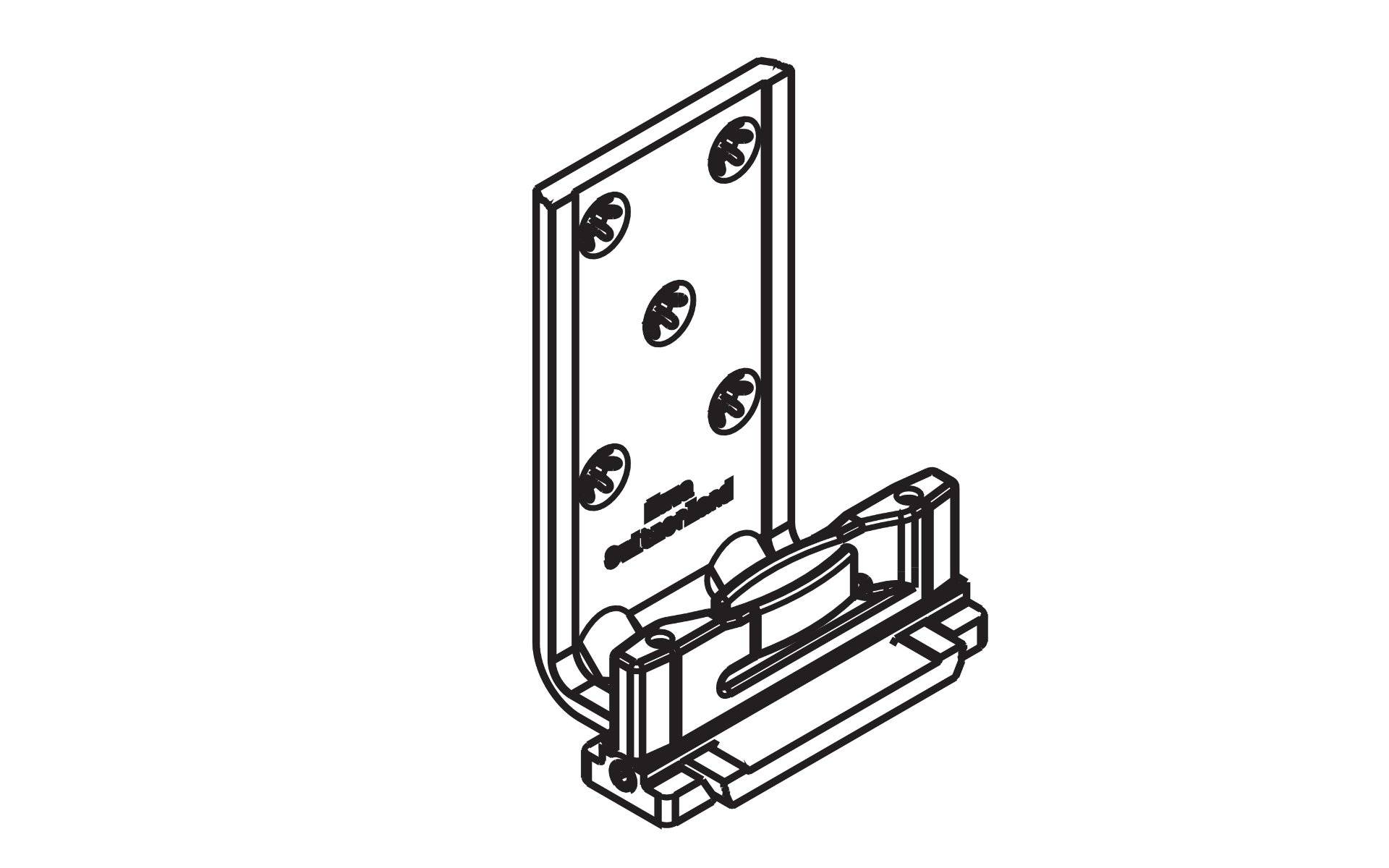 Ein Diagramm, das eine Halterung mit mehreren Schraubenlöchern und einem Scharnierungsmechanismus zeigt. Der Text lautet „Airmass Calibration Panel