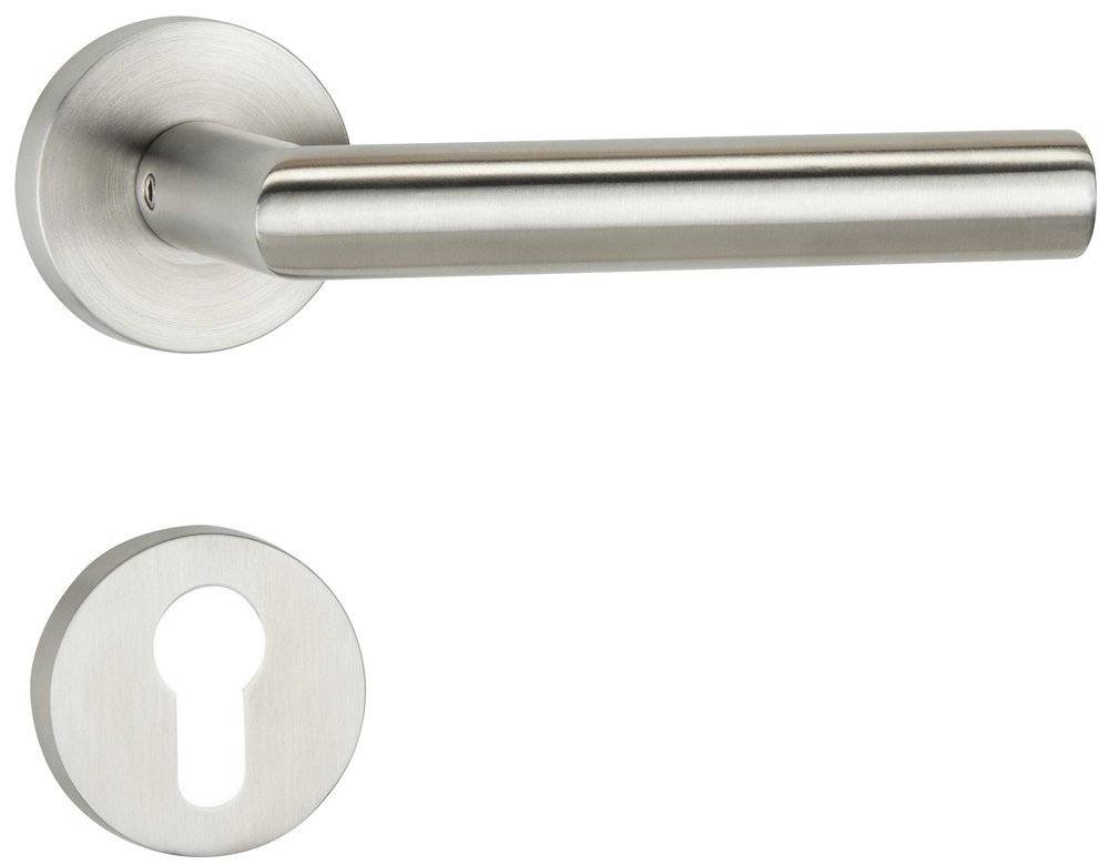 Ein eleganter silberner Türgriff mit passendem Schlüsselloch darunter, entworfen für moderne Innenräume.