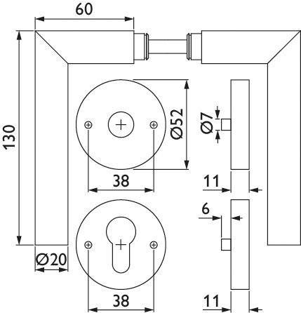 Technische Zeichnung einer Türklinke mit Abmessungen: Länge 130mm, Breite 60mm und Zylinderdurchmesser 52mm. Enthält Schlüssellochdetails.