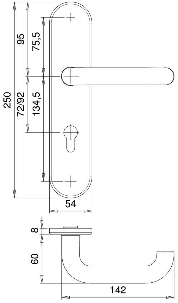 Technische Zeichnung einer Türklinke. Die Abmessungen sind dargestellt: 250 mm Länge, 54 mm Breite und Schlüssellochpositionen bei 72/92 mm und 134,5 mm.