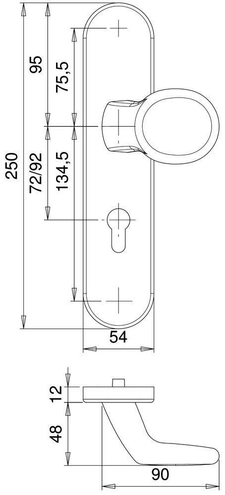 Technische Zeichnung einer Türklinkenrosette mit Schlüsselloch. Die angegebenen Maße sind 250 mm Höhe, 72/92 mm und 134,5 mm Abstände sowie 54 mm Breite.