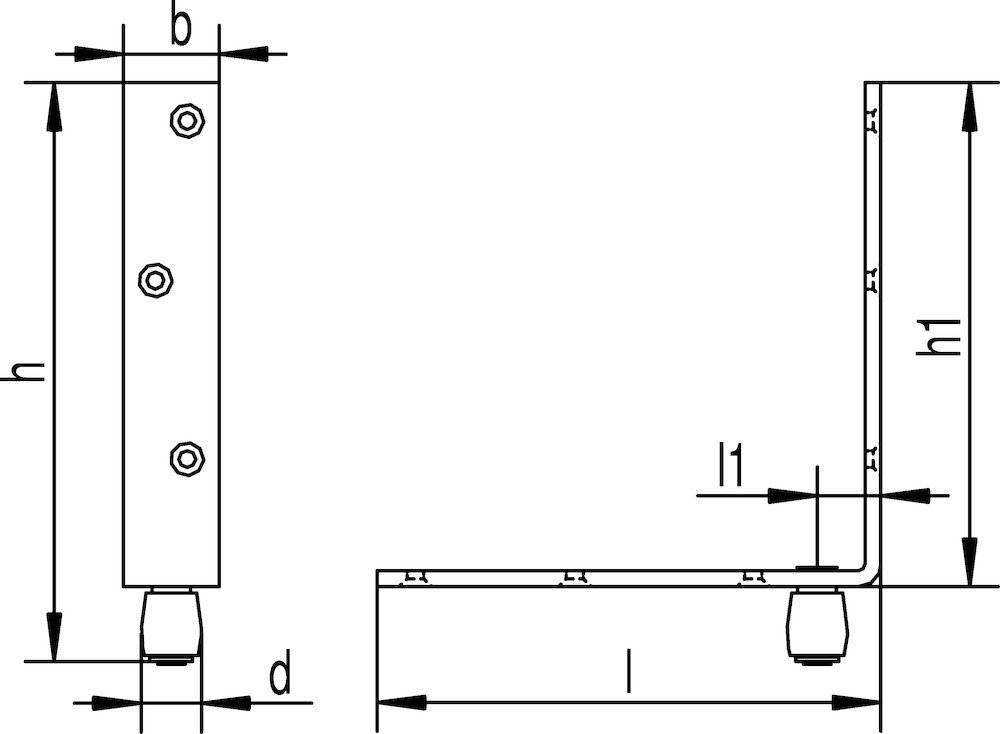 „Technisches Diagramm mit Seitenansicht und Draufsicht einer mechanischen Komponente, beschriftet mit den Abmessungen b, d, l und l1.