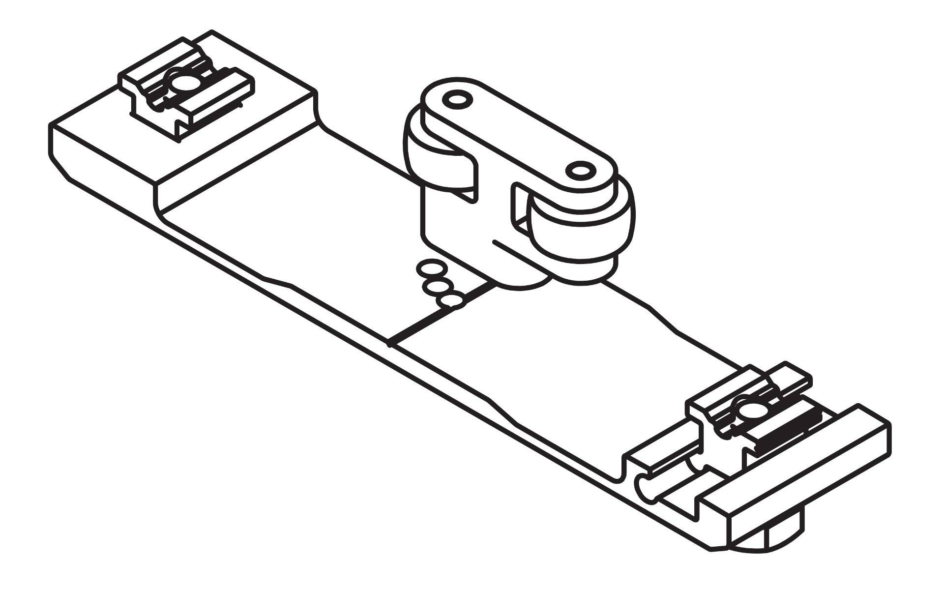 Linienzeichnung eines mechanischen Teils mit einem zentralen Scharnier und rechteckigen Verlängerungen auf beiden Seiten, wahrscheinlich zum Verbinden von Komponenten.
