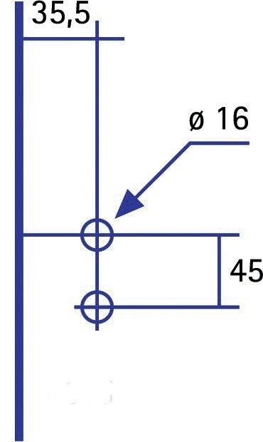 Technische Zeichnungsdetail mit zwei sich schneidenden Linien, Kreisen und einem Pfeil, der auf einen Kreis mit der Bezeichnung „ø 16