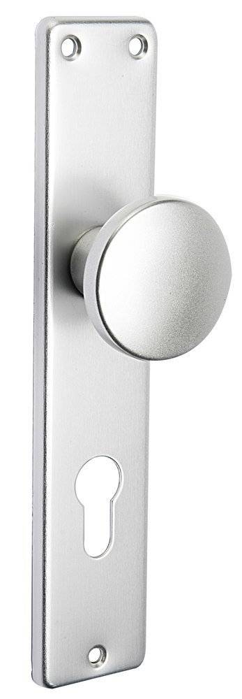 Ein runder, silberner Türknauf auf einer silbernen Platte, die an einer Tür montiert ist, mit einem sichtbaren Schlüsselloch unterhalb des Knaufs.