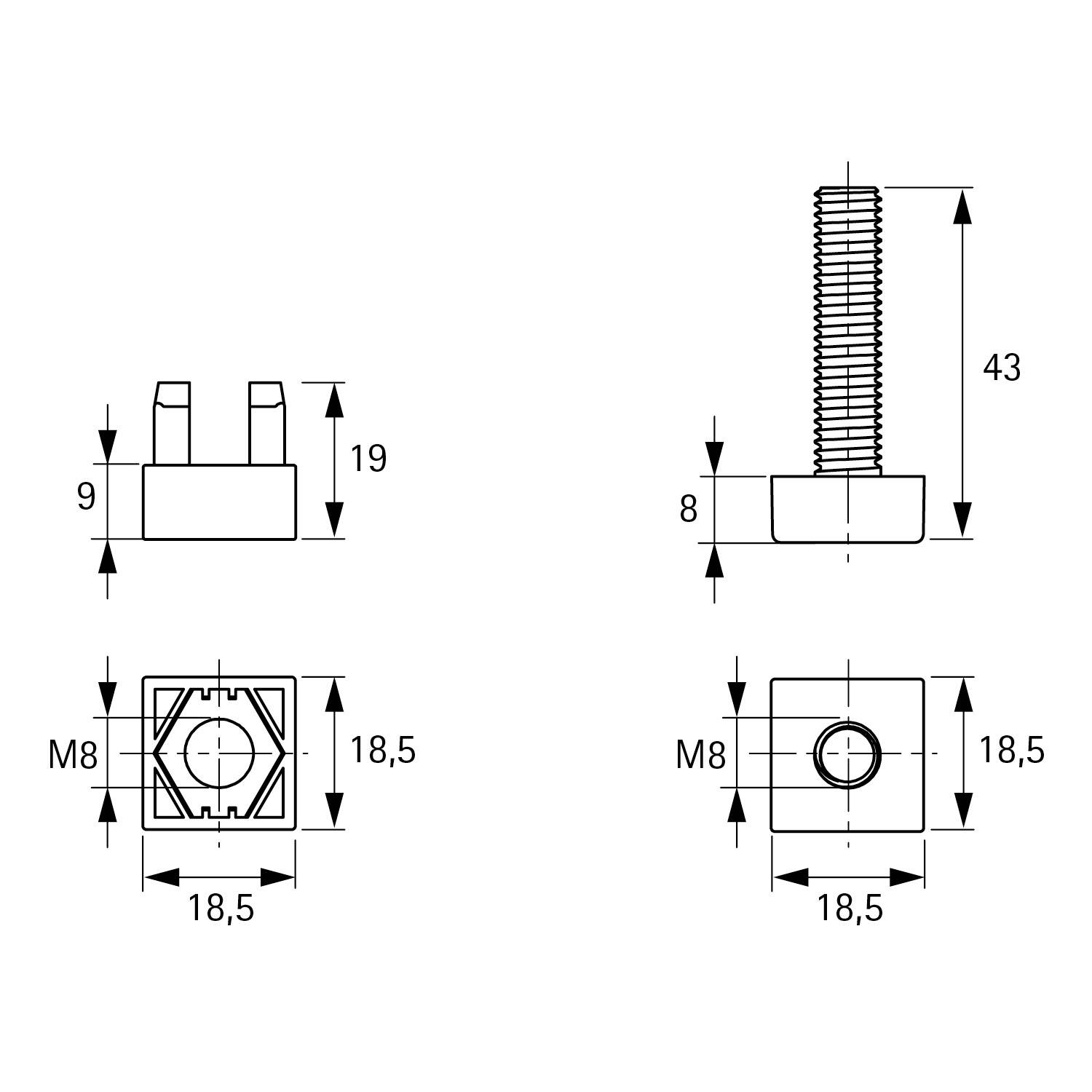 Technische Zeichnung eines Bolzens und einer Mutter. Der Bolzen ist 43 mm lang mit einem M8-Gewinde. Die Mutter ist 8 mm hoch, beide haben Abmessungen von 18,5 mm.