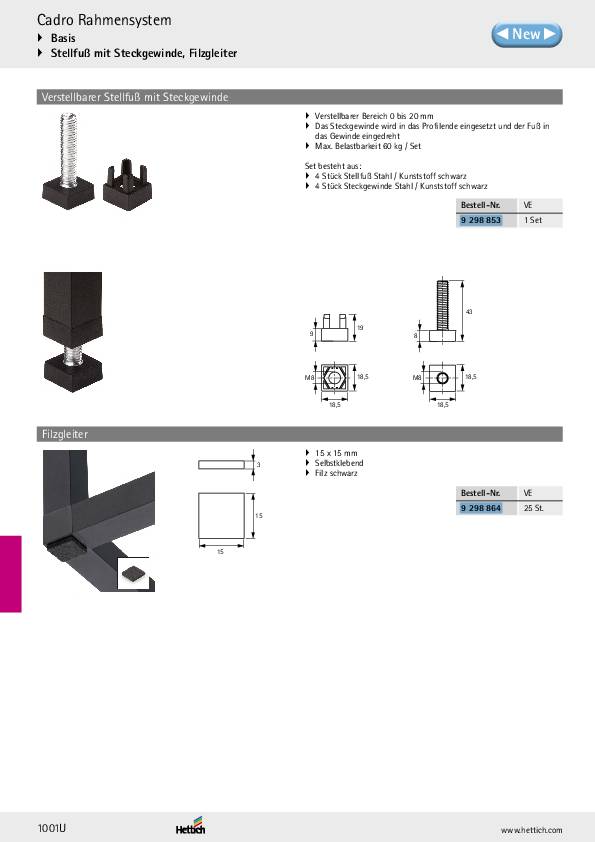Cadro Set (1 Stück) Standfuß hv/Steckgewinde M8 schwarz