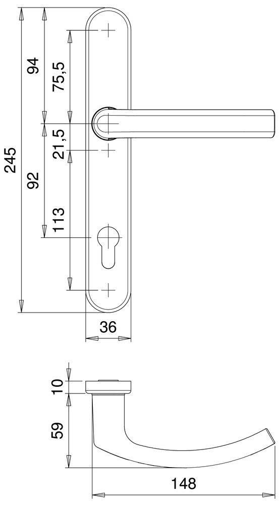 Türgriff-Technisches Diagramm mit Maßangaben: Grifflänge 245 mm, Abstand zwischen Schrauben 113 mm, Schlüsselloch 92 mm von oben entfernt.