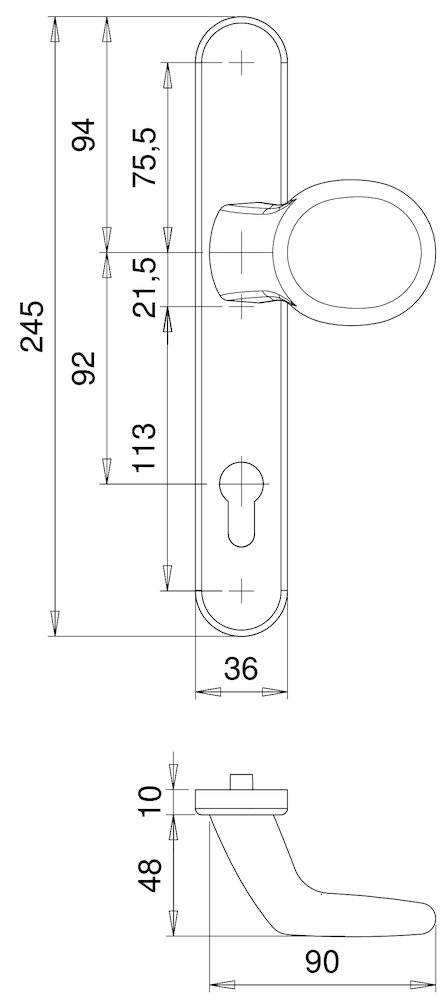 Türgriff-Diagramm mit Maßen: Gesamthöhe 245mm, Grifflänge 92mm, Schlüssellochbereich 113mm, Breite 36mm.