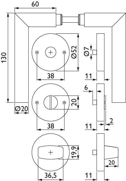 Technische Zeichnung eines Türgriffs und Schlosssatzes mit Abmessungen und Messungen in Millimetern, einschließlich Durchmessern und Versätzen.