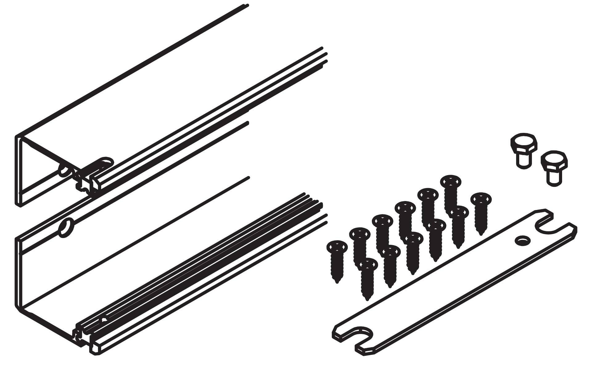 Illustration von Gardinenstangenkomponenten: mehrere Stangensegmente, Schrauben und Montageklammern.