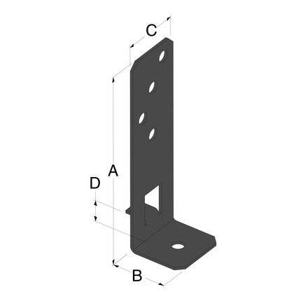 Metallhalterdiagramm mit beschrifteten Abmessungen A, B, C, D; mehrere Bohrungen im vertikalen Bereich; wird in Konstruktionsbaugruppen verwendet.