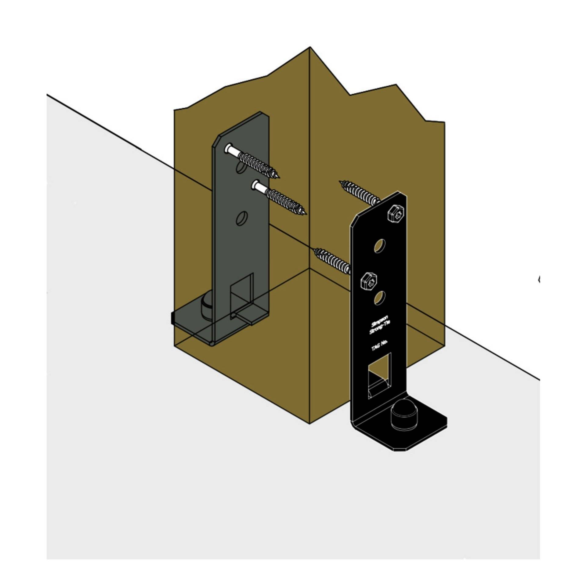 Befestigungsklammer-Diagramm, das zwei an einer Holzoberfläche mit Schrauben angebrachte Klammern zeigt und die Installationsmethode demonstriert.