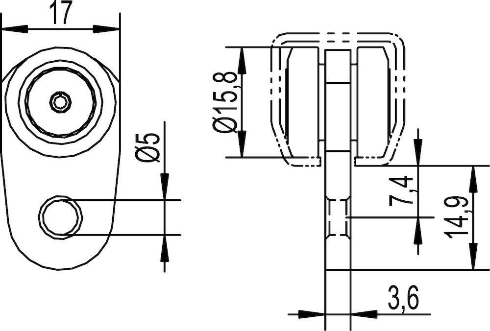 Technische Zeichnung mit Abmessungen. Linke Ansicht: Kreis mit einem Durchmesser von 5 mm. Rechte Ansicht: Zylindrische Form mit einer Länge von 15,8 mm.