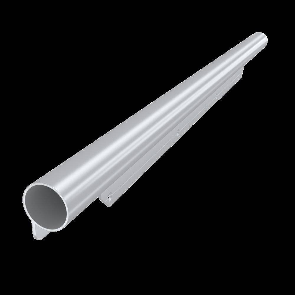 Ein elegantes, silbernes zylindrisches Metallrohr mit einem offenen Ende, vor einem schlichten Hintergrund dargestellt, das seine reflektierende Oberfläche und sein hohles Inneres zeigt.