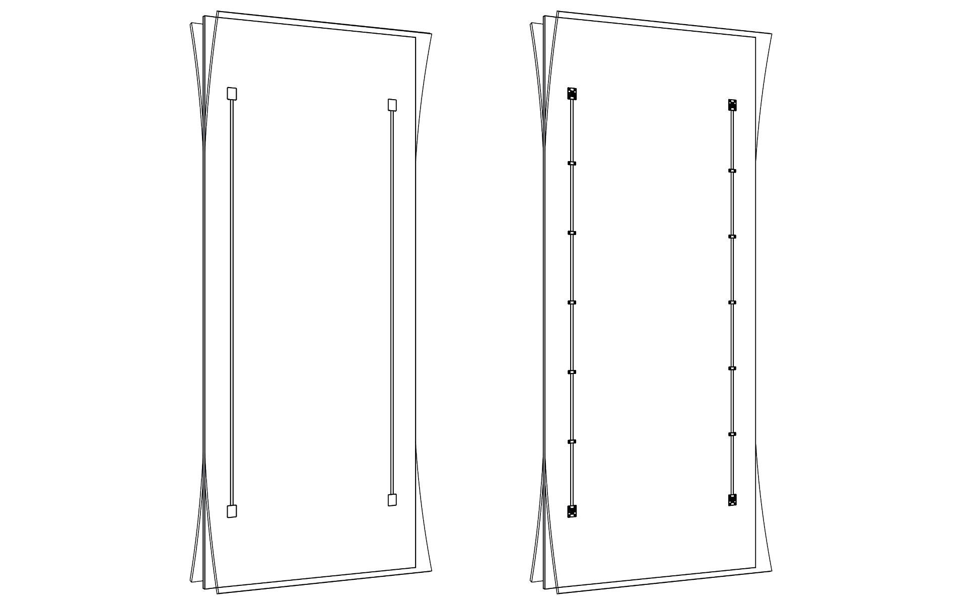 Zwei Diagramme zeigen unterschiedliche Anordnungen von Schnüren und Gewichten auf hohen, schmalen rechteckigen Rahmen und veranschaulichen Spannungsprinzipien.