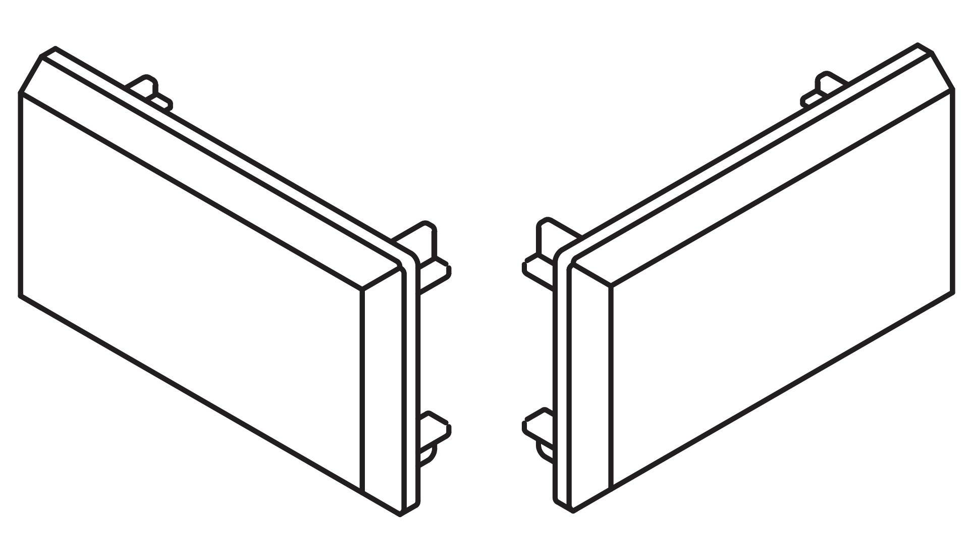 Ein Diagramm, das zwei identische, vertikale rechteckige Paneele mit Laschen zeigt, die sich gegenseitig gegenüber stehen und Komponenten andeutet, die bereit sind, zusammengefügt zu werden.