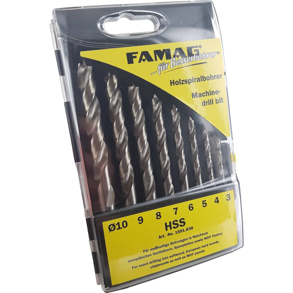 Famag Holzspiralbohrer HSS - Set´s 1591.838 - 8-teilig in Kassette Ø 3, 4, 5, 6, 7, 8, 9, 10 mm