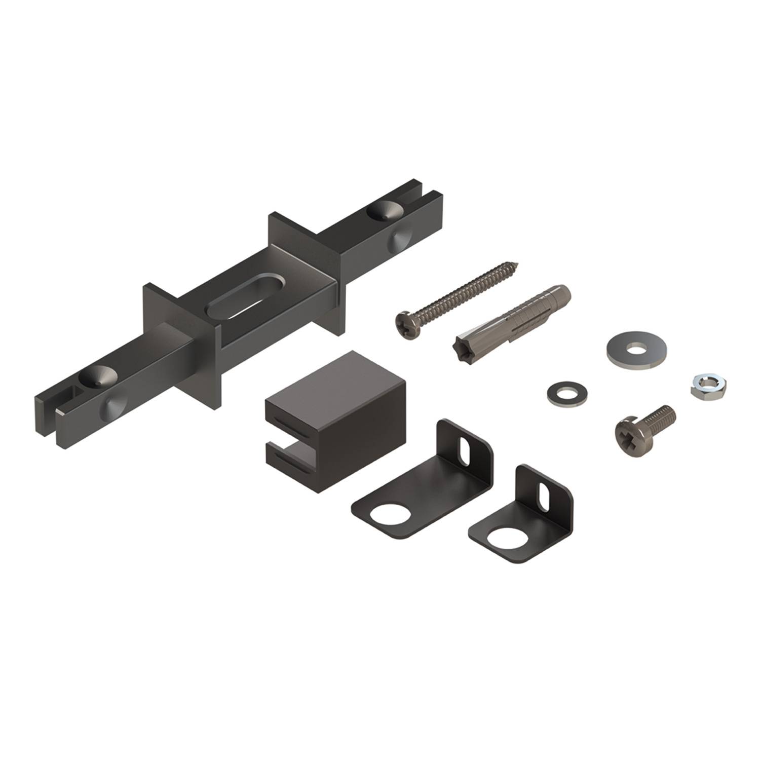 Sortierter Hardwaresatz mit Metallhalterungen, Schrauben, Unterlegscheiben und einem Wandanker, angeordnet auf weißem Hintergrund.